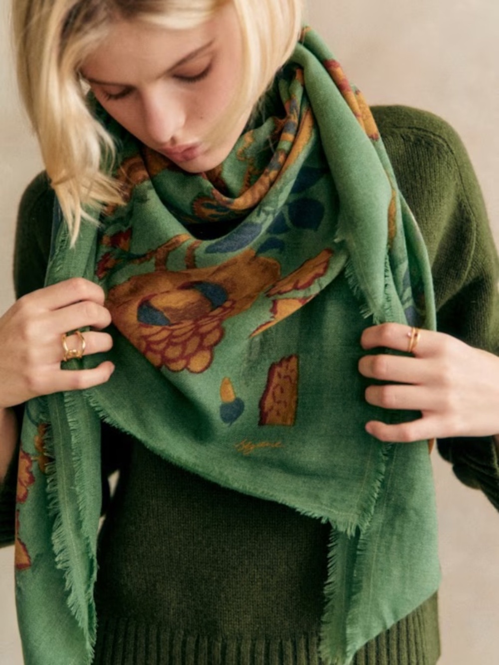 Sezane Pio Scarf 'Retro Green Flowers' NWT